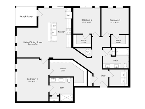 Floor plan for 3 beds, 2 baths, 1544 sqft